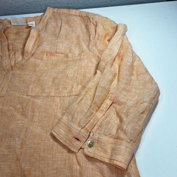 Chico's Linen Henley Tunic Top Womens 1 Orange Coral Top Popover EUC Creamsicle - Picture 4 of 8